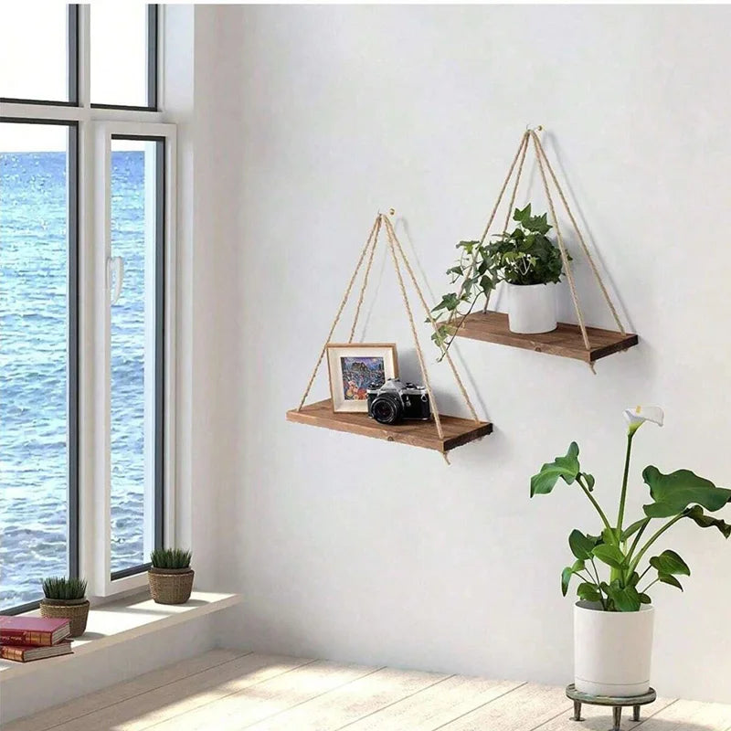 Wooden Hemp Rope Floating Wall Shelf