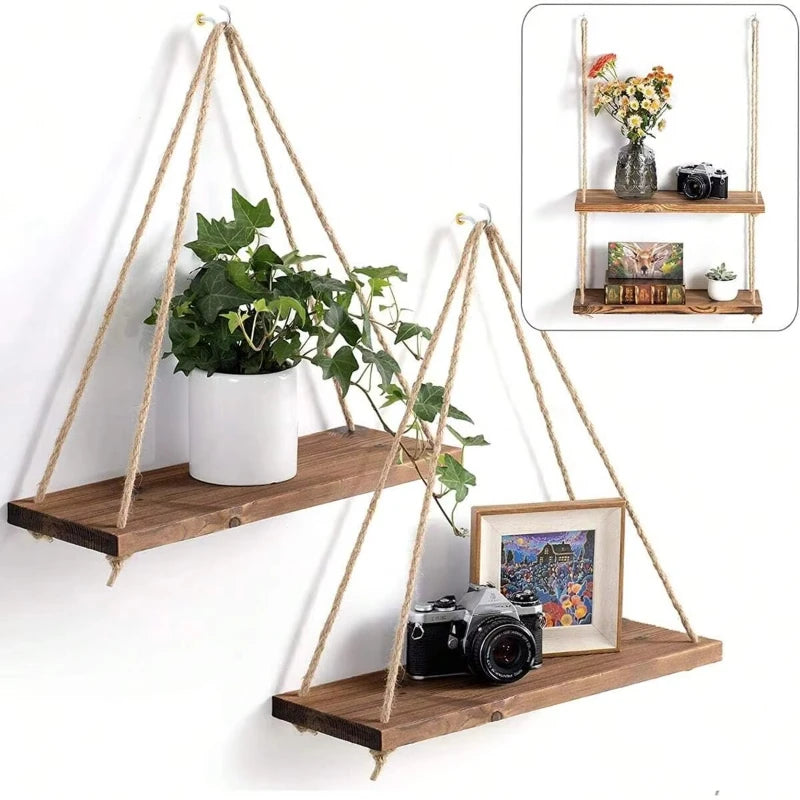 Wooden Hemp Rope Floating Wall Shelf