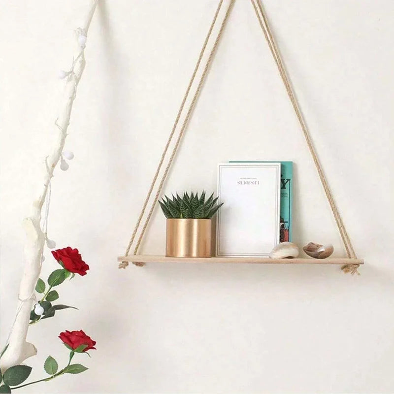 Wooden Hemp Rope Floating Wall Shelf