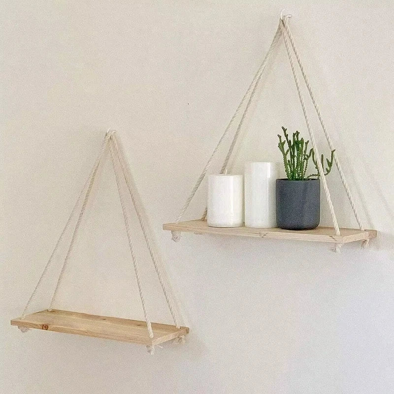 Wooden Hemp Rope Floating Wall Shelf