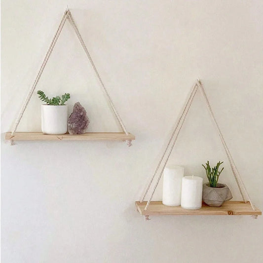 Wooden Hemp Rope Floating Wall Shelf