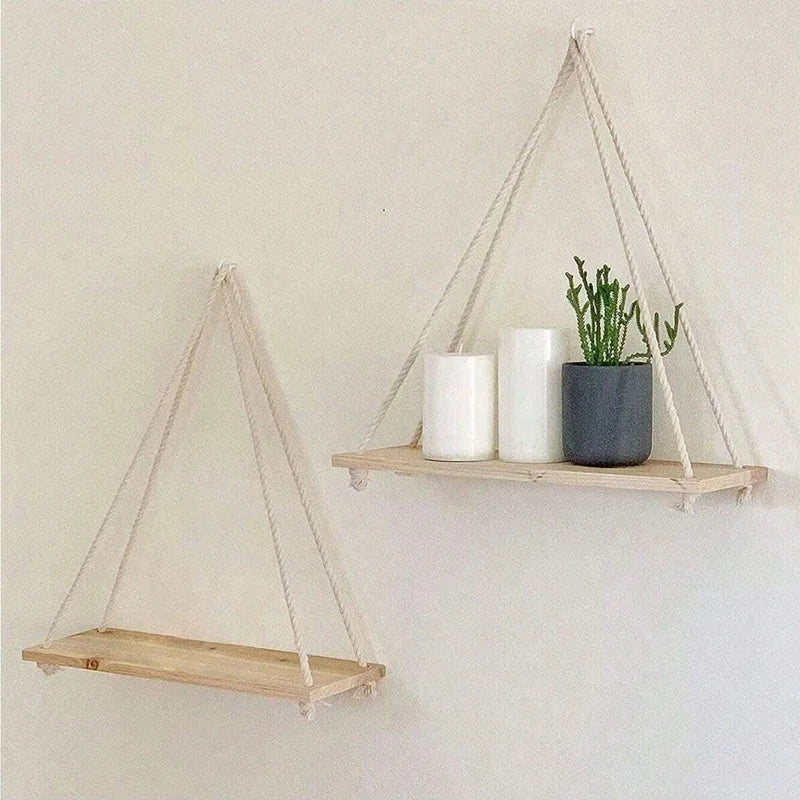 Wooden Hemp Rope Floating Wall Shelf