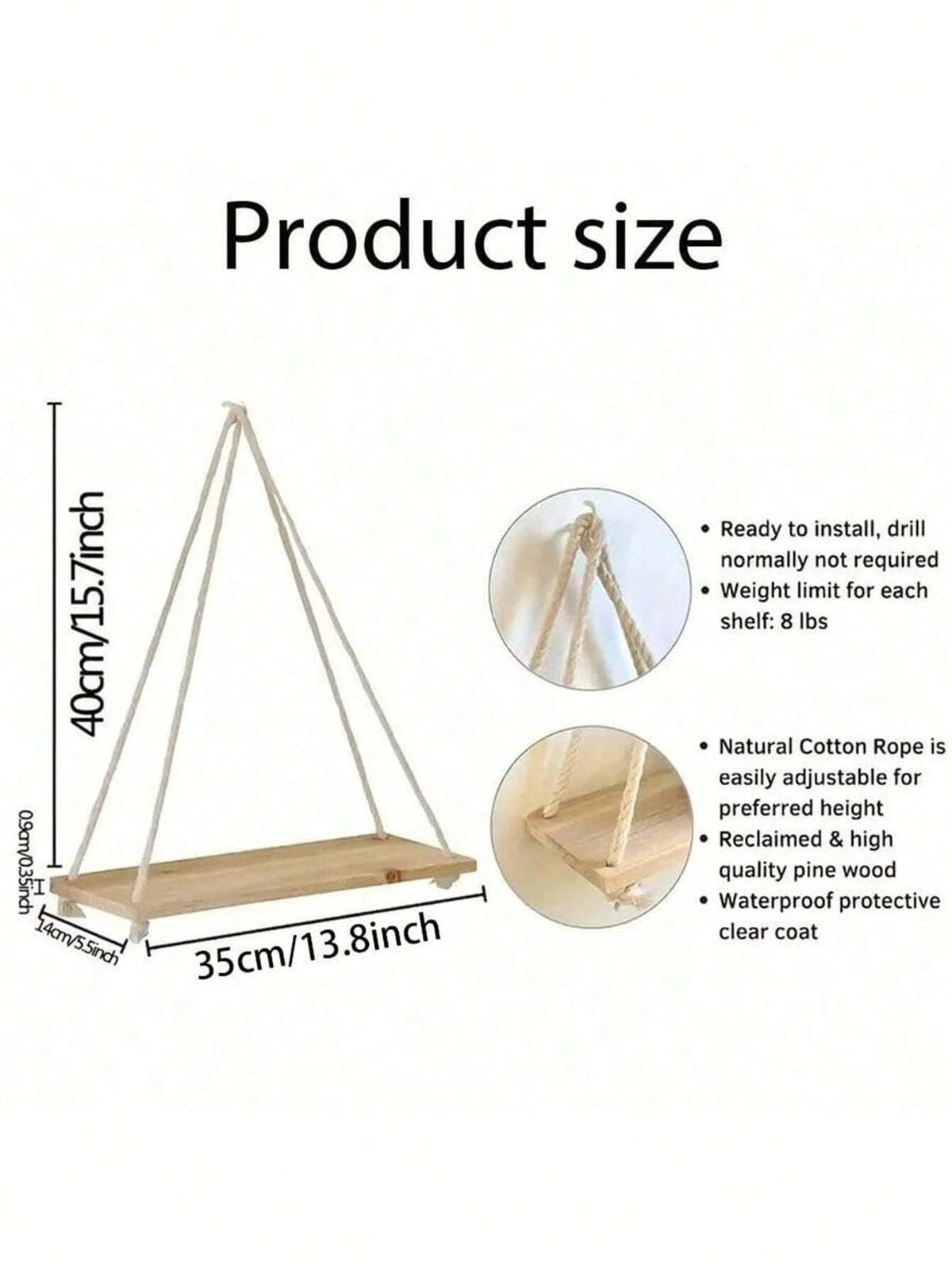 Wooden Hemp Rope Floating Wall Shelf